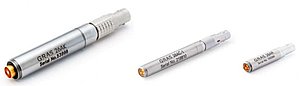 Figure 2. Left: ½” Traditional preamp with 7-pin LEMO style connector. Middle: ¼” Traditional preamp with 5-pin LEMO style connector. Right: ¼” Traditional preamp with 4-pin LEMO style connector. Figure 2. Left: ½” Traditional preamp with 7-pin LEMO style connector. Middle: ¼” Traditional preamp with 5-pin LEMO style connector. Right: ¼” Traditional preamp with 4-pin LEMO style connector.