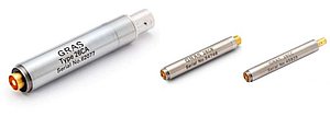 Figure 3. Left: ½” CCP preamp with BNC connector. Middle: ¼” CCP preamp with Microdot 10/32 connector. Right: ¼” CCP preamp with SMB connector. Figure 3. Left: ½” CCP preamp with BNC connector. Middle: ¼” CCP preamp with Microdot 10/32 connector. Right: ¼” CCP preamp with SMB connector.