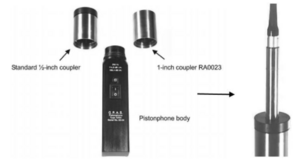 Figure 2. Left: Pistonphone with 1” and ½” calibration couplers. Right: ½” microphone set inserted in pistonphone´s calibration coupler. Figure 2. Left: Pistonphone with 1” and ½” calibration couplers. Right: ½” microphone set inserted in pistonphone´s calibration coupler.